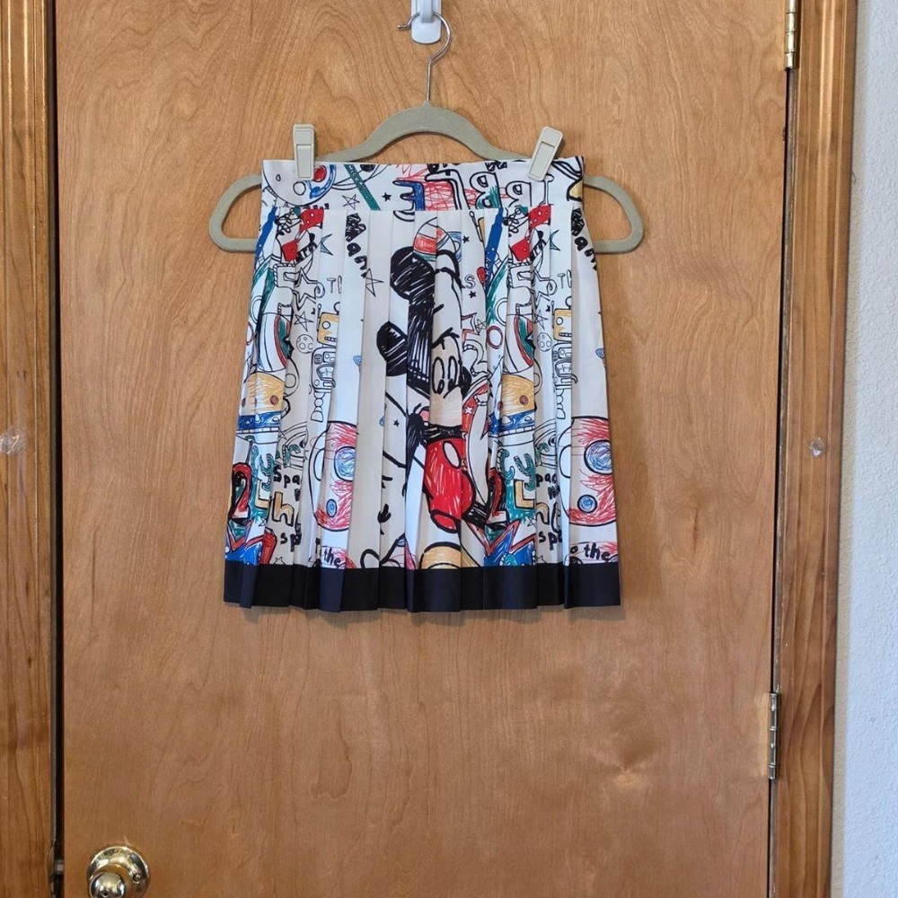 Mickey Mouse Space Print Pleated Mini Skirt Retro Cosmic Astronomy White Skirt